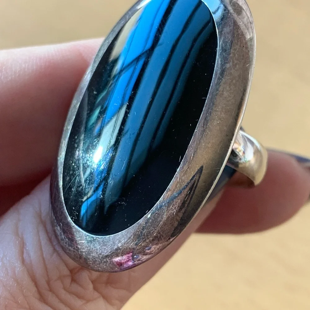 VINTAGE LARGE BLACK STONE RING 925 STERLING SILVER STATEMENT